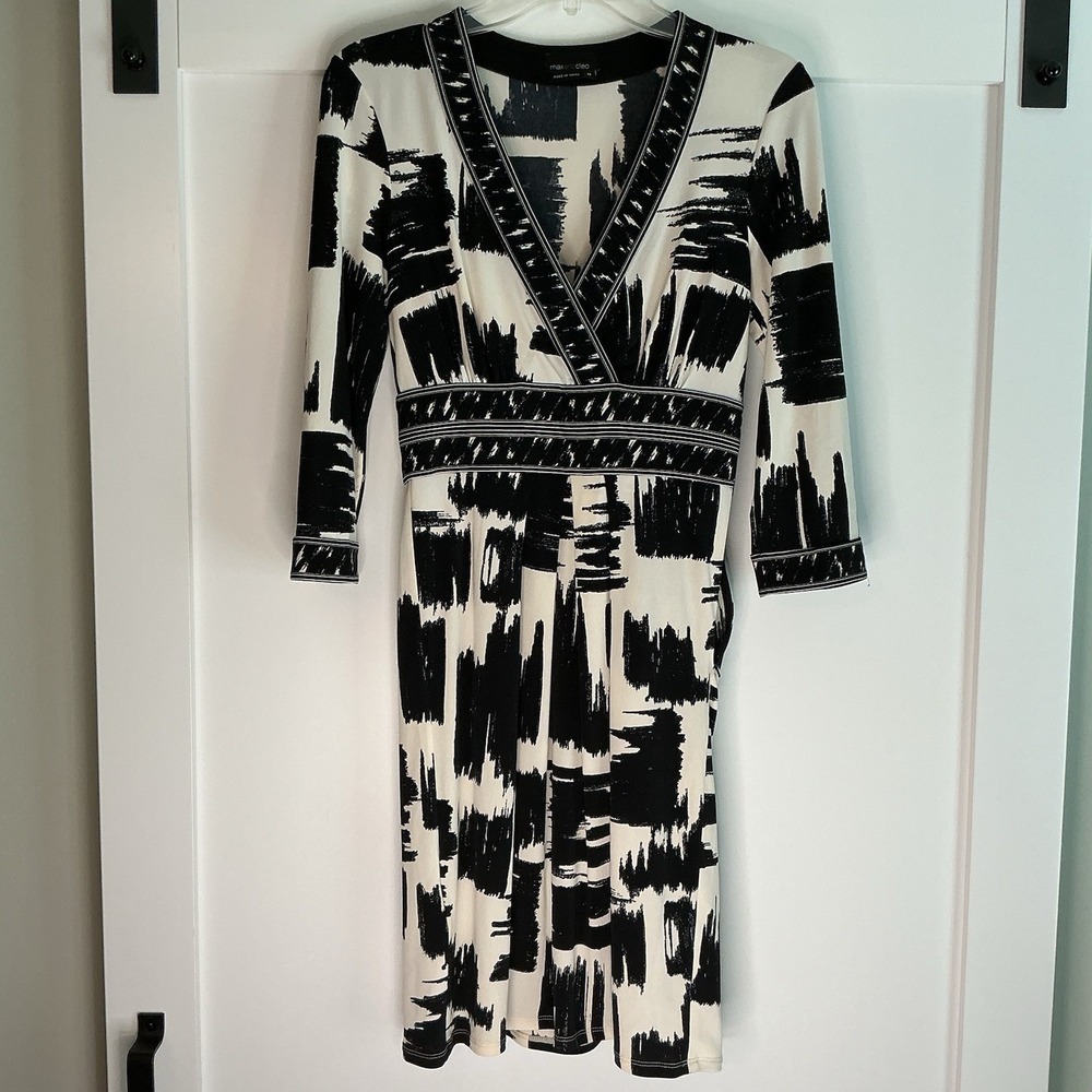 Y2K Max and Cleo Pleated V Neck Sleeveless Geometric Dress‎ Size XS Office Artsy